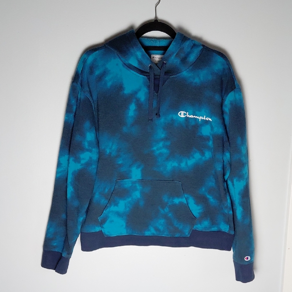 Champion Blue Tie-Dye Hoodie Streetwear Casual Loungewear Athletic Retro Sporty